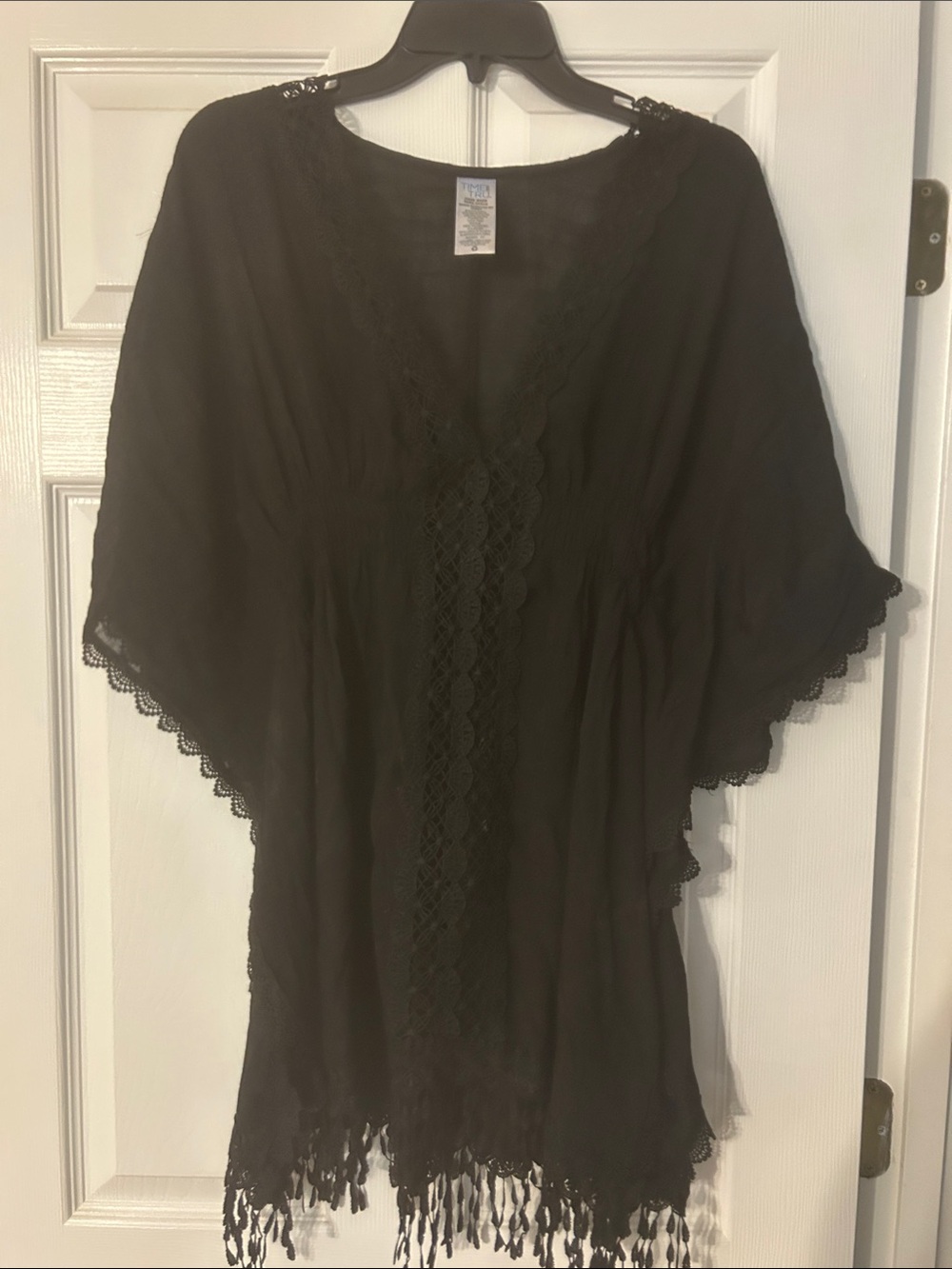 Time and Tru Black Lace-Trim V-Neck Tunic with Fringe